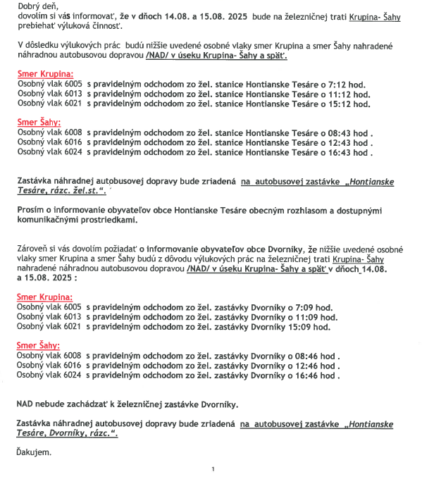 oznam - výluka osobné vlaky